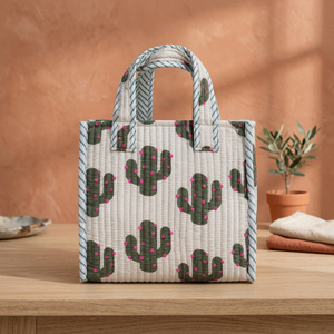 Bolso Tote de Algodón Acolchado con Estampado de Cactus de Veer Handicrafts, Asas a Rayas, Cierre de Cremallera, Bolso de Compras de Moda para Mujer, para Playa y Viajes - Product Image 4