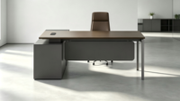 Bureau d'angle moderne en bois en forme de L pour dirigeant, table de direction, mobilier de bureau commercial avec gestion des câbles