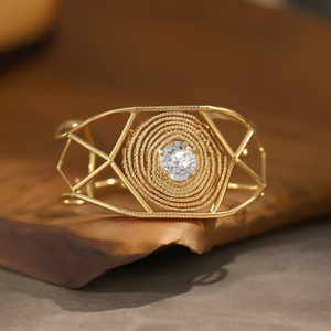 Fashion Cuff <b>Bracelet</b> PVD Gold Plated 316L Stainless Steel Geometric Design With <b>Crystal</b> Center - Product Image 3