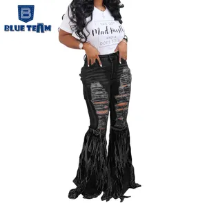 Blue Team custom Wholesale black women's jeans fringed denim shorts women's jeans casual bell bottoms jeans dresses women