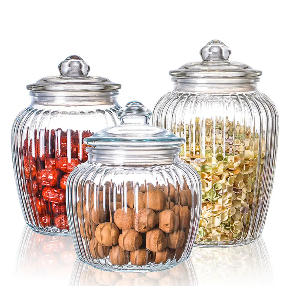 Aeofa Round transparent striped glass can storage can sealed with lid