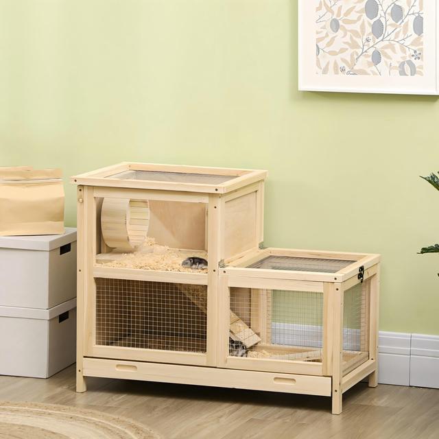 Extra Large Wooden Hamster Cage with Sliding Tray Openable Roof Wide Ramp Running Wheel Natural Habitat for Rat Mouse Small Pet