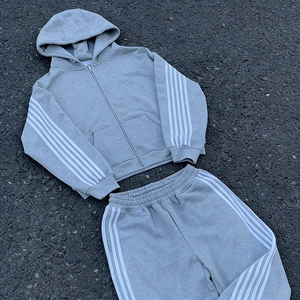 Vente en gros Ensemble pantalon de survêtement et sweat à capuche court deux pièces en molleton de coton vierge personnalisé pour hommes Sweats à capuche zippés pour hommes Streetwear - Product Image 3