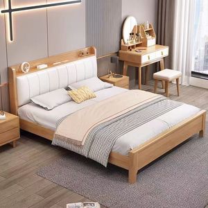 Factory Price 1.8m Double Bed with Soft Cushion <strong>White</strong> Wax Wood Nordic Solid <strong>Oak</strong> <strong>Bedroom</strong> <strong>Furniture</strong> for Weddings - Product Image 2