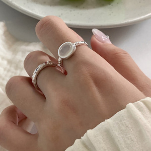 S925 Pure Silver Ellipse Black Agate White Chalcedony <b>Ring</b> Women Geometric Bezel Setting Everyday Wear <b>Opening</b> Design - Product Image 4