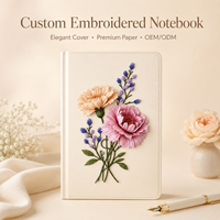 Carnet personnalisé brodé en cuir PU, couverture rigide, crème, broderie florale 3D pivoine lavande, papier premium, OEM ODM en gros