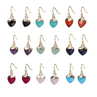 Boucles d'oreilles pendantes tendance en acier inoxydable plaqué or avec pierres de jade naturelles facettées en forme de cœur bleues, rouges et vertes