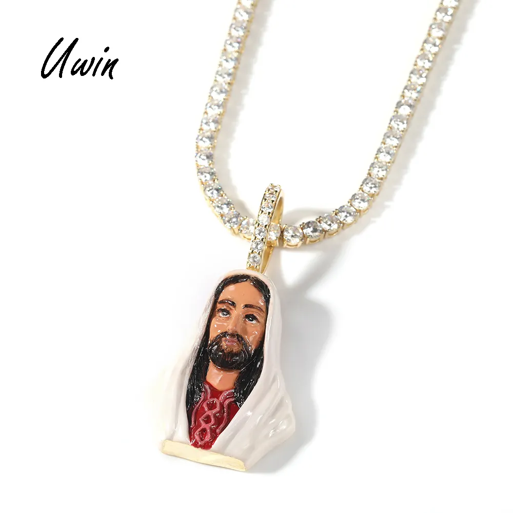 UWIN NewTrendy 3D Iced Enamel Jesus Face Charms Pendant Necklace Rapper Jewelries