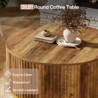 Table basse ronde de 31,5 pouces avec plateau en bois nervuré, structure robuste en forme de tambour, table d'appoint centrale pour salon, meubles de maison