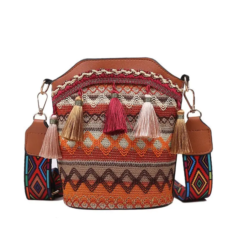 REWIN Adjustable Folk Multicolor Ethnic Tribal Embroidered Tassel Sling Crossbody Coated Canvas Boho Shoulder Bag Small Purse