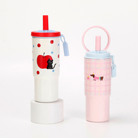 Gobelet isotherme réutilisable en acier inoxydable 304 de 580 ml, design animal mignon, avec couvercle à paille et anneau de transport, OEM&ODM
