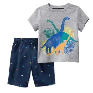 Set pakaian musim panas bayi laki-laki, setelan kaus dinosaurus lengan pendek & celana pendek, 2 potong pakaian bayi balita laki-laki