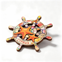 Aimant de réfrigérateur en bois en forme de roue de bateau de Chypre, étoile de mer, coquillage, souvenir de voyage côtier méditerranéen, décoration de réfrigérateur, cadeau de vacances
