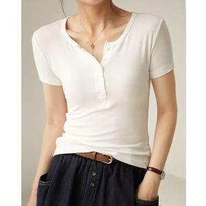 RUICHI Henley Neck Button Slim Fit Tee, Modal Stretch Regular Shoulder Plus Size Casual Basic Short Sleeve <strong>Top</strong> For Ladies - Product Image 2