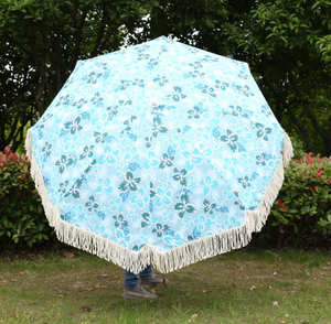 Зонт с бахромой в стиле бохо, большой Портативный пляжный зонтик с деревянной кисточкой и Песковым якорем, из белого хлопка UV50 + 8 ', с логотипом под заказ - Product Image 6