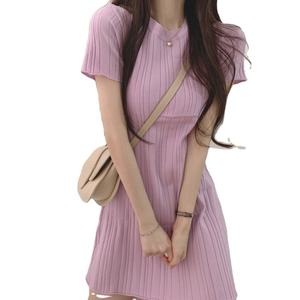 Robe Courte en Maille à Rayures Élégante de Style Coréen Personnalisée pour la Vente en Gros – Robe Mini Unie à Col Rond - Product Image 3