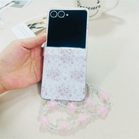 Coque de téléphone rose à imprimé floral mignon et girly avec nœud pour Samsung Galaxy Z Flip 7-3, avec breloque fleur et sangle perlée, protection intégrale