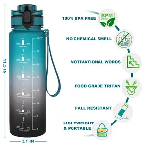 2024 Frosted Plastic Water Bottle 1000ml Sports Motivational Leak-Proof For Gym Outdoor Camping Travel Fitness For Adults