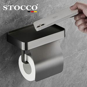 Porte-papier toilette en acier inoxydable 304 noir mat avec étagère, sans perçage, fixation murale, distributeur de papier toilette, salle de bain, hôtel - Product Image 2
