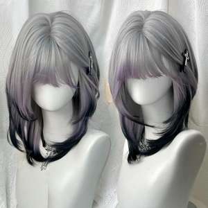 Peluca degradada gris púrpura estilo Wu Mi, larga y recta con flequillo lateral, densidad del 130%, línea de cabello natural, fibra Kanekalon - Product Image 4