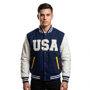 Blouson universitaire d'hiver personnalisé en laine marine écologique avec col montant, manches en cuir et patch en chenille, service OEM pour hommes - Product Image 1