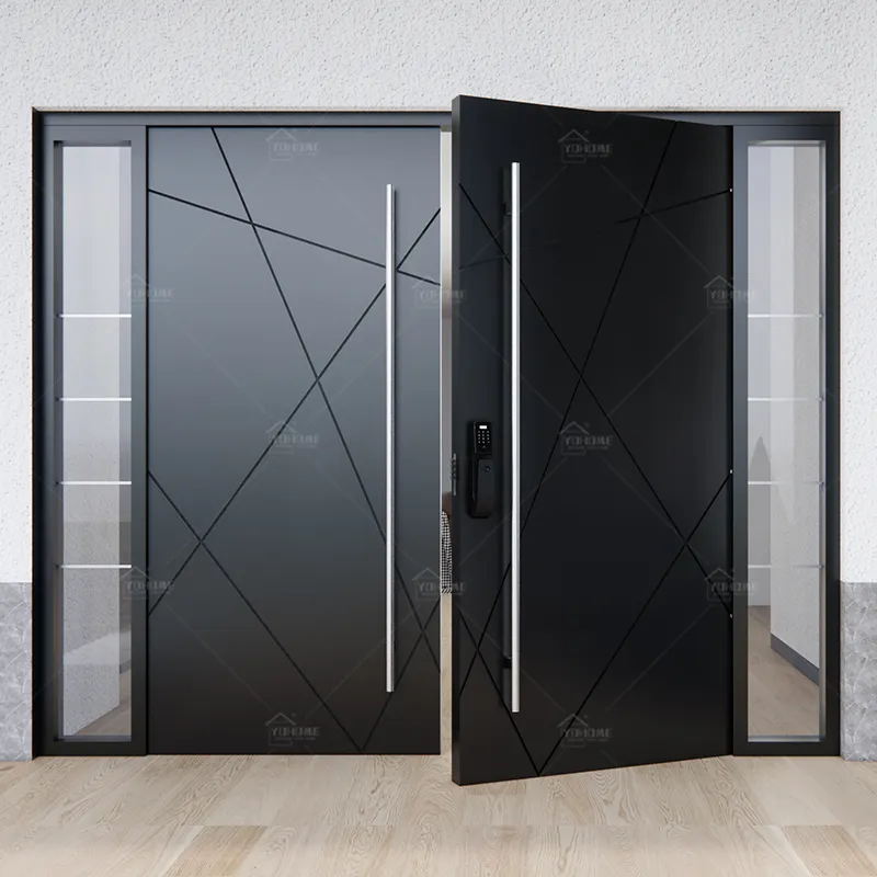 Puerta de entrada de doble hoja de aluminio para el hogar de doble puerta de lujo estándar americano, puertas frontales dobles con panel de vidrio lateral