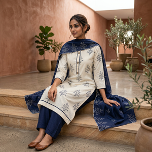 Conjunto de traje salwar bordado en azul marino para mujer de Prayosha Enterprise con kurta con estampado botánico, pantalones a juego y dupatta, India. - Product Image 4