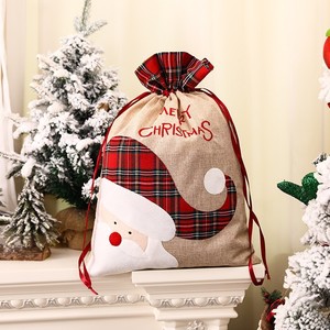 Ready to Ship Reusable Plaid Trim Embroidered Burlap Christmas Sack Drawstring Design for <b>Xmas</b> Gift Packaging - Product Image 6