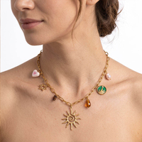 Collier en acier inoxydable XYXL0105 avec pendentif soleil et breloques variées, perles, bijoux bohèmes pour femme, cadeau de vacances