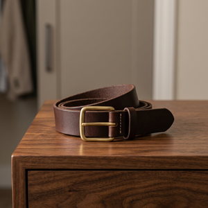 Ceinture en cuir de vachette véritable tressée, robuste et écologique, avec boucle en acier rectangulaire dorée, style vintage, de la marque BS INTERNATIONAL. - Product Image 1