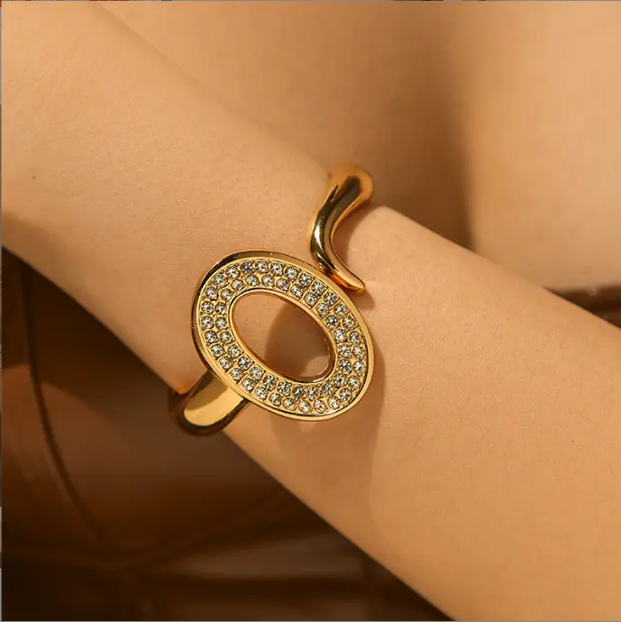 Luxury Crystal Rhinestones Gold Silver Color geometric circle Bracelets Bangles for Women Bride Wide Wedding Jewelry Gift