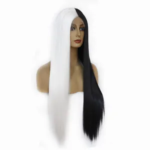 Lace Frontal Wigs Long Straight Synthetic Lace Hair Wigs Half Black Half White Long Straight Wigs for Cosplay Party