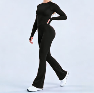 Nouvel ensemble de yoga pour <span class=keywords><strong>femme</strong></span> L-03 – Tenue de sport sans couture avec pantalon évasé et haut à manches longues pour la gym, le fitness, l'entraînement et la course à pied - Product Image 6