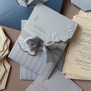 Luxury <b>Wedding</b> Invitation Suite Custom Handmade Art Paper Greeting Card Blind Embossed Floral Design Coated Paper <b>Ribbon</b> <b>Wedding</b> - Product Image 5