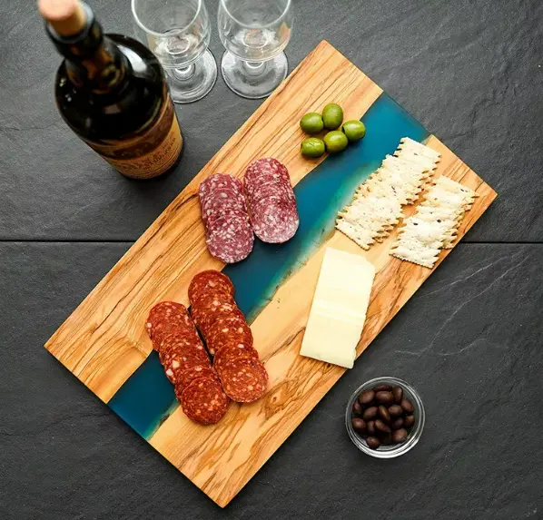 Luxury Kitchen Olive Wood Cheese Charcuterie Chopping Cutting Board Serving Tray and Resin Epoxy River