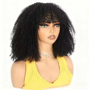 Parrucca Afro Riccia con Frangia all'Ingrosso, Alta Densità, Senza Pizzo, Capelli Umani Vergini, Taglio <span class=keywords><strong>Bob</strong></span> Corto, Colore Naturale - Product Image 4