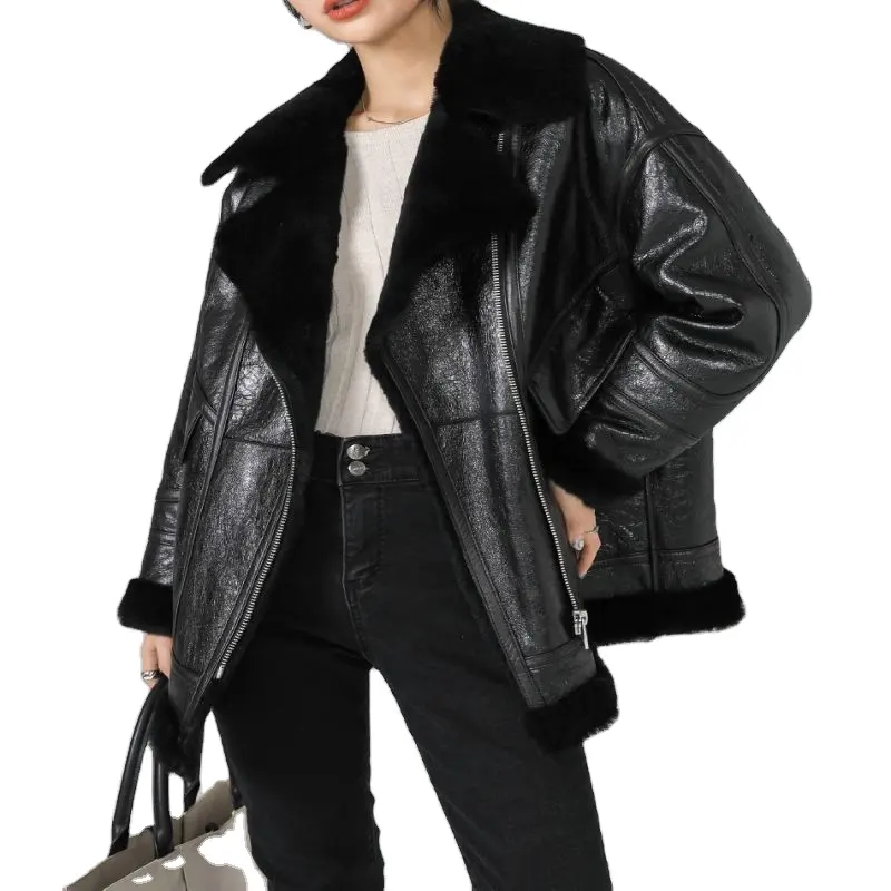 Moda artı boyutu sıcak siyah deri kabarcık kürk puf kadın kürk ceket deri ceket kadın deri ceket özel beyaz kürk kırmızı