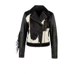 Chaqueta de Motociclista Vintage de Cuero Vacuno Transpirable con Flecos y Tachuelas, Estampado Animal, Estilo Biker Occidental, Cierre de Cremallera Regular - Product Image 1