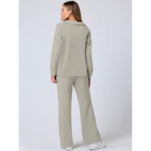 FOXA Women's 2 Piece <b>Lounge</b> Set Long Sleeve Polo Top Wide Leg Pants Casual Knitted Sweat Matching Outfit Autumn Wear - Product Image 5