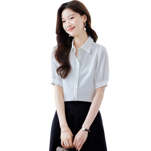 Purple V-neck Chiffon Blouse Women Short Sleeve Lightweight Office Shirt Solid Color Breathable Summer Top - Product Image 5