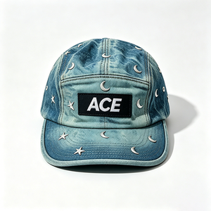 Casquette de camping unisexe 5 panneaux en denim délavé vintage avec rivets métalliques et patch ACE, option logo personnalisé, style Y2K, streetwear, chapeau d'extérieur - Product Image 2