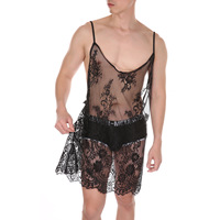 Vêtements de nuit sexy pour hommes, chemise en dentelle transparente à dos ouvert avec bretelles spaghetti, lingerie exotique pour hommes
