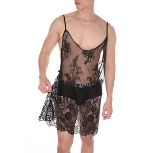 Vêtements <span class=keywords><strong>de</strong></span> <span class=keywords><strong>nuit</strong></span> sexy pour hommes, chemise en dentelle transparente à dos ouvert avec bretelles spaghetti, lingerie exotique pour hommes - Product Image 4