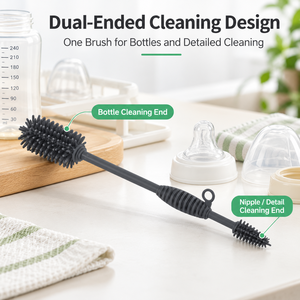 Brosse à biberon en silicone 2 en 1, double extrémité, nettoyeur de tétine, brosse de nettoyage de bouteille d'eau à long manche, noyau en acier inoxydable - Product Image 2