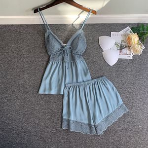 <span class=keywords><strong>Pigiama</strong></span> Personalizzato Chuangerm, Nuova Collezione, Sexy Completo Due Pezzi da Donna in <span class=keywords><strong>Seta</strong></span> Ghiaccio e Raso con Canottiera e Pantaloncini, Set <span class=keywords><strong>Pigiama</strong></span> in Pizzo - Product Image 1