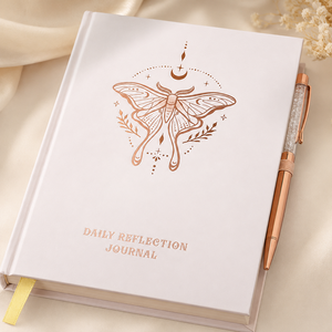 Carnet de réflexion quotidienne à couverture rigide, rose poudré, or rose, motif chrysalide lunaire et lune, gaufré, coffret cadeau avec stylo, vente en gros - Product Image 6