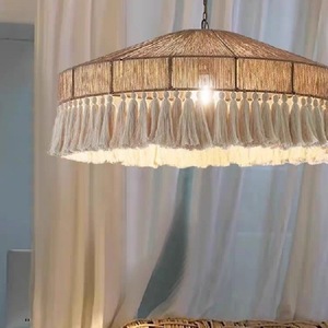 Bohemian Hemp Rope Tassel Chandelier Round E26 <b>LED</b> Ceiling <b>Light</b> <b>For</b> Bedroom Dining <b>Room</b> Quiet Style Lighting Fixture - Product Image 1