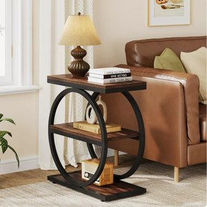 Mesa Auxiliar Moderna de Madera Maciza con Base de Pedestal, 3 Estantes de Almacenamiento, Diseño Estrecho, Marco de Metal Negro, Ecológica, para Sala de Estar o Dormitorio - Product Image 4