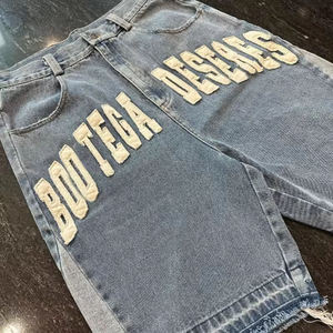 Custom Embroidered Patches Logo Manufacturer Raw Hem Cut Edge Distressed Streetwear Hip Hop Cargo Jean <strong>Shorts</strong> for Men - Product Image 3