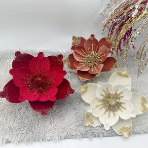 Factory 24cm Cloth Glitter <b>Poinsettia</b> Christmas Velvet <b>Artificial</b> Magnolia Flowers Durable Fashionable for Holiday Tree - Product Image 2